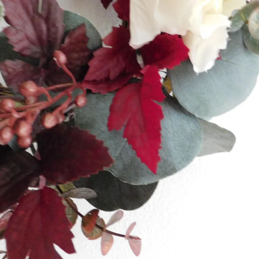 Mini Fall Candle Ring, Grapevine Wreath, Burgundy Leaves, Dried Look Hydrangeas
